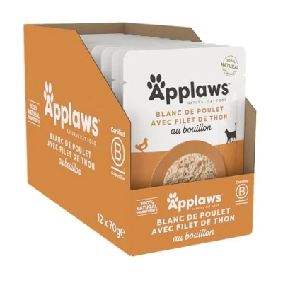 Image de Applaws Nourriture Humide 100% Naturelle pour Chat, Poitrine de Poulet avec Filet Thon en Bouillon Pack 12 Poches 70g