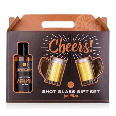Image de Accentra Coffret cadeau MEN&#039;S COLLECTION avec gel douche et bain de 140 ml, 2 verres à shot en forme chope bière (4 cl chacun), parfum bouleau cèdre Marron