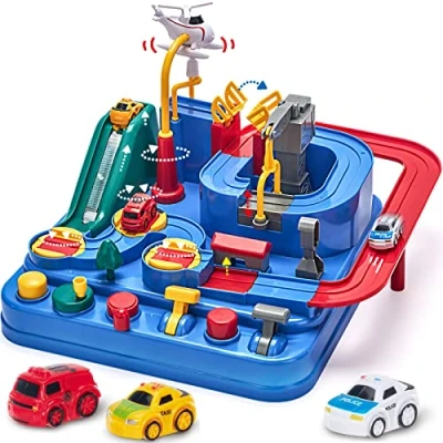 Image de hahaland Circuit Voiture Jouet pour Enfant 3 4 5 Ans Piste de avec Hélicoptère, Bus, Cadeau Garçon Fille 6
