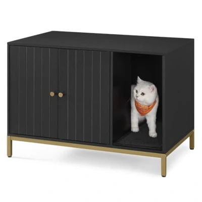Image de Feandrea PCL007B01 Armoire à litière pour chat avec tapis griffoir et pieds hauts Table d&#039;appoint 80 x 50 55 cm Noir/doré