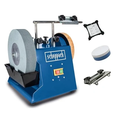 Image de Scheppach Affûteuse à Eau TIGER2500S Moteur induction 200W Meule en corindon supérieur Ø250mm Dispositif pour outils standard droits Pâte poncer Disque Gabarit d&#039;angle