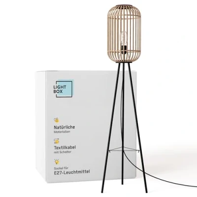 Image de Lightbox Lampadaire avec abat jour en rotin tripode interrupteur à pied poussoir comme décoration de chambre ou salon Douille E27 métal &amp; bambou noir marron