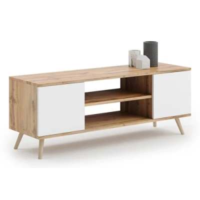Image de KOBI Meuble TV Focus 135 Style scandinave sur Pieds en Bois pour Le Salon et la Salle à Manger (Chêne doré Blanc)