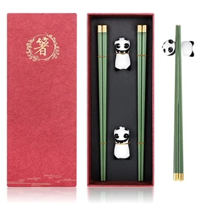 Image de Baguettes Japonaises Réutilisables avec Support Coffret Cadeau Chinois Ensemble de en Alliage Lavables au Lave Vaisselle + Repose Panda Mignon Céramique (2 Paires Support)