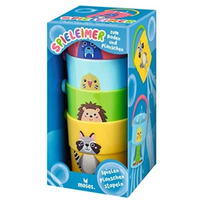 Image de moses. 38151 Seau de Jeu empilable pour Le Bain et la Barboteuse, 4 seaux colorés avec Anse Motif perforé, Mini Jouer dans l&#039;eau Sable