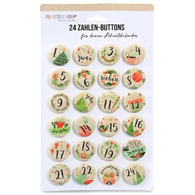 Image de Lot de 24 chiffres calendrier l&#039;Avent sur boutons 35 mm Épingles pour décorer les calendriers avec 1 à Coloré Idéal sacs en tissu, et sachets