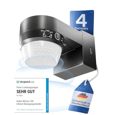 Image de HUBER Motion 100 Détecteur de mouvement infrarouge 360 avec 4 capteurs et lentille Fresnel IP65 LED I protection anti pénétration limitation zone, montage