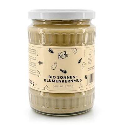 Image de KoRo purée de tournesol Bio 500 g 100% graines Riche en acides gras insaturés Goût léger noisette Excellente à tartiner et dans les sauces salade.