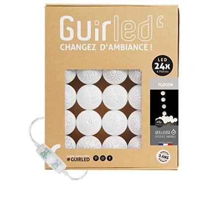 Image de GuirLED Guirlande lumineuse boules coton LED USB Veilleuse bébé 2h Adaptateur secteur double 2A inclus 3 intensités 24 2.4m Flocon