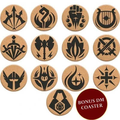 Image de Dessous de Verre DND en Liège Ensemble 12 sous avec Icône+1 Maître du Jeu Cadeau Geek idéal pour Joueurs D&amp;D, Role/JdR, MJ Accessoires Donjon et Dragon/Dungeons &amp; Dragons