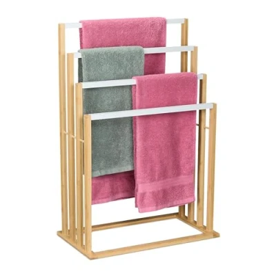 Image de Relaxdays Porte Serviettes, Bambou, 3 Barres, H x L P: 82 42 24 cm, Support Serviettes Salle de Bain, Nature/Noir