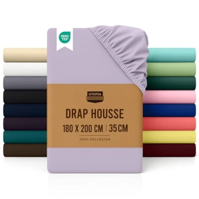 Image de Utopia Bedding Drap Housse Lavande, 180 x 200 cm Bonnets 35 pour Matelas Épais Polyester Microfibre Brossée