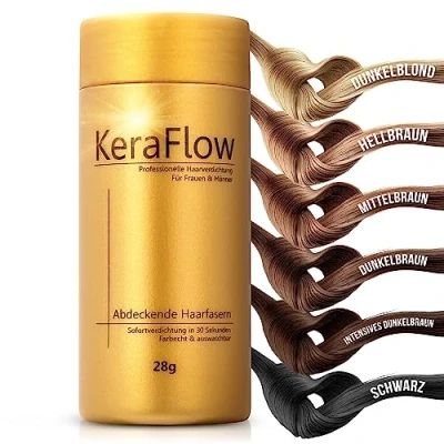 Image de KeraFlow cheveux en vrac de qualité supérieure pour épaissir les cheveux. Fibre capillaire Effet immédiat cas chute cheveux, masque clairsemés. poudre couvrante,