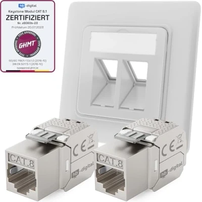 Image de hb digital Prise réseau CAT 8 encastrée à 2 ports RAL9003 blanc de signal + modules Keystone RJ45 LAN Ethernet femelle encastrable pour 5e 6 6a 7 2000 MHz 40 Gbit/s STP
