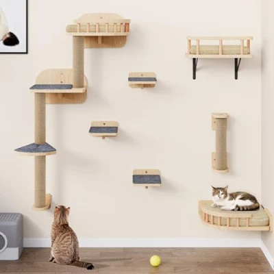 Image de YITAHOME mur d&#039;escalade pour chat, en bois, 7 pièces, stable, avec arbre à plate forme d&#039;angle, monte escalier et lit dormir, jouer, se détendre