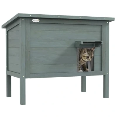 Image de PawHut Maison pour Chats Niche d&#039;extérieur en Bois surélevée avec Toit ouvrable, isolée Asphalte, 85 x 50 68,5 cm, Gris foncé et Noir
