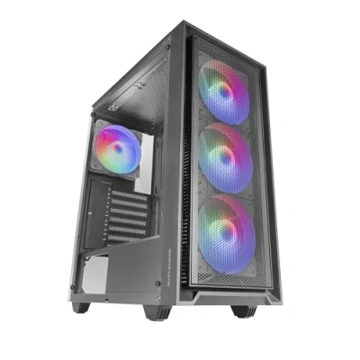 Image de MARSGAMING MC AIR, Boîtier Gaming ATX, 4X Ventilateurs FRGB Rainbow 120mm, Panneau Avant Mesh, Fenêtre Latérale en Verre Trempé, Semi Tour PC à Double Chambre, Support Refroidissement Liquide, Noir