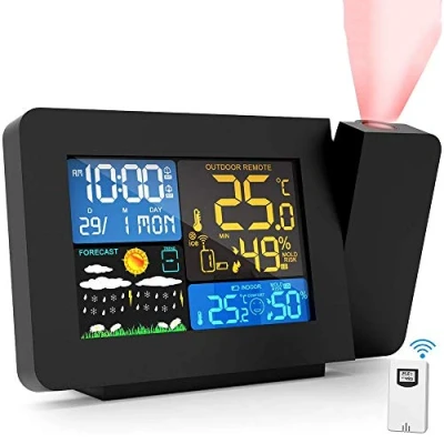 Image de LIMEID Réveil De Projection Numérique, Radio Reveil Plafond, Projecteur Horloge Au Plafond avec Affichage La Température, Deux Alarmes, Snooze, Couleur Rétro Éclairage, Météo