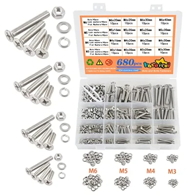 Image de huruirui 680pcs M3 M4 M5 M6 Boulons et écrous Rondelles Acier Inoxydable 304 Croix Vis à Tête Fraisée Machines Assortiment de Réparation Kit