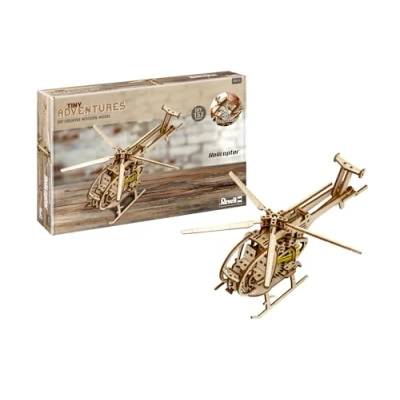 Image de Revell Tiny Adventures 00611 Hélicoptère Maquette en bois à l&#039;échelle 1/30 avec moteur Pull Back &amp; Go Largeur du rotor 30 cm