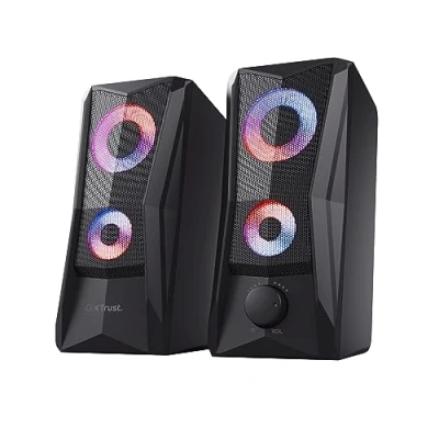 Image de Trust Gaming GXT 606B Javv Enceinte PC Gamer 2.0 avec Éclairage LED RGB, 12W (6W RMS), Alimentation USB, Jack 3,5 mm, Système d&#039;enceintes Compactes, Haut Parleur pour Ordinateur/Portable Noir
