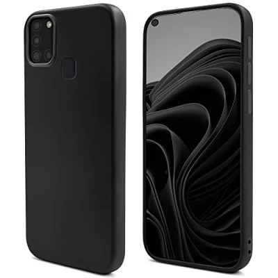 Image de Moozy Lifestyle. Coque conçue pour Samsung A21s, noir en silicone liquide avec finition mate et doublure microfibre douce. Neuf
