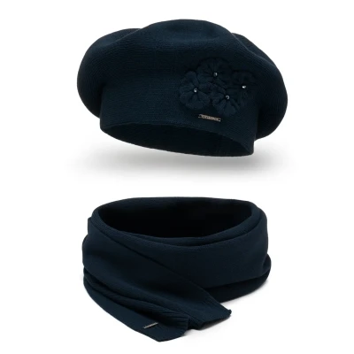 Image de VIVISENCE Femme Béret Et Écharpe pour L&#039;automne l&#039;hiver Ensemble en Laine avec Application Florale Style Classique Confortable Élégant Parfait Lhiver Cadeau, Bleu Foncé,Taille Unique