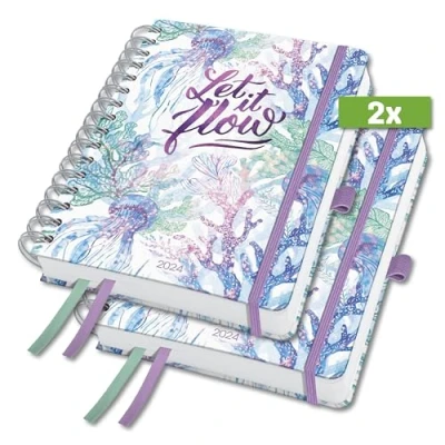 Image de SIGEL J4604 Jolie Agenda à spirale 2024, Underwater Miracles, 16,8 x 21,5 cm, couverture rigide, 240 pages, pourpre, vert, bleu, 2 pièces
