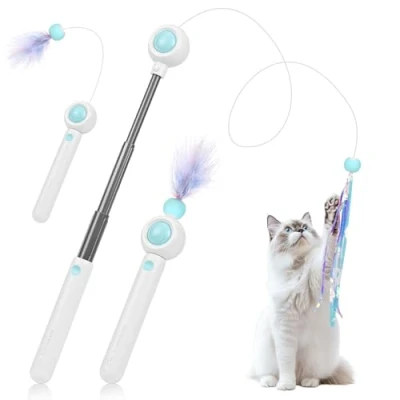 Image de Gerbala Jouet à Plumes pour Chats, Chat interactif, 1 Rétractable Canne a Peche avec 2 Rechange, Exercice et Divertissement