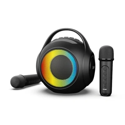Image de R MUSIC DUOLED Enceinte RGB sans Fil avec 2 micros Karaoké Ports AUX/Micro SD/USB, 11 Jeux de lumières, Inclus, Support pour Smartphone, Déformation Voix