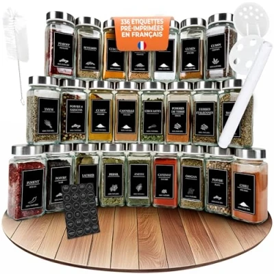 Image de comforder Pots à Épices Carrés (24 pièces) avec Bouchons Verseurs et Étiquettes + Entonnoir, Pot en Verre Couvercle Acier Inoxydable, 120 ml