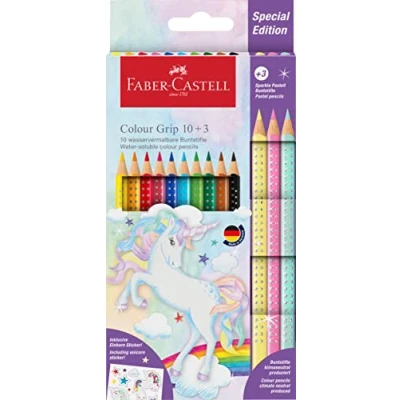 Image de FABER CASTELL 201542 Set de crayons couleur licorne, 13 pièces, incassables, y compris 3 pastels Sparkle et autocollants licorne