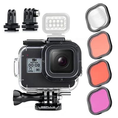 Image de GEPULY boîtier étanche pour GoPro Hero 8 Noir avec 4 filtres de plongée, plongée sous marine 60 m filtre rouge, tuba, magenta, gros plan caméra