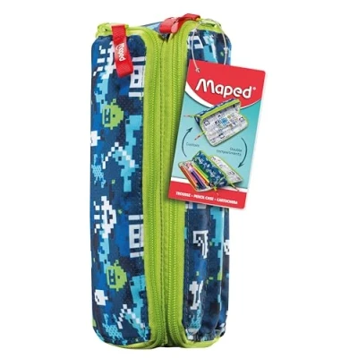 Image de Maped Trousse Scolaire Double Ouverture XXL Personnalisable Réversible, avec 1 Côté à Colorier Grandes Ouvertures Pratiques Triangulaire 24,5 x 8cm Pixel Bleu/Vert