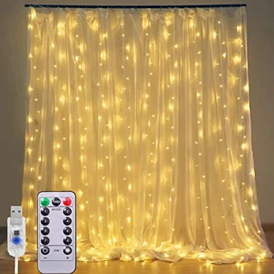 Image de XRR Rideau Lumineux 3 x 3m Guirlande Lumineuse 300LEDs à USB, 8 Modes d&#039;Eclairage avec Télécommande Decoration de Fenêtre,Noël,Mariage,Anniversaire,Maison,Patio,Etanche((Blanc chaud)