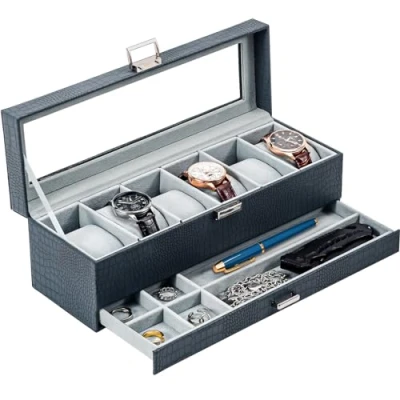 Image de Procase Boite a Montre à 2 Niveaux, 6 Emplacements avec Coussins pour Montres, 2ème Compartiment des Petits Bijoux Accessoire, Couvercle en Verre Bleu