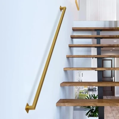 Image de Gorssen 400cm Main Courante de Tuyau doré d&#039;escalier avec Supports Fixation Murale, Barres d&#039;appui rustiques et murales for Grenier d&#039;escalier/Couloir/Villas/loft