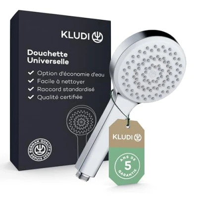Image de KLUDI X1 douchette universale 1 jet, anti calcaire facile à nettoyer, économisant l&#039;eau en option (standard 15 l/m, 9 l/min), main (Ø10,7 cm), chromé