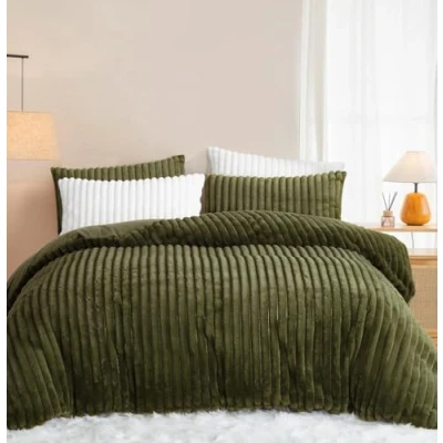 Image de Lanqinglv Parure de lit en Peluche 135 x 200 cm Vert Olive pour l&#039;hiver Chaude et Moelleuse Flanelle synthétique Douce Toucher Cachemire Sherpa avec Fermeture éclair 1 taie