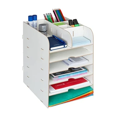 Image de Relaxdays Organiseur de bureau étagères pour documents, 12 compartiments, HxLxP: 34,5 x 25 32 cm, Rangement MDF, blanc