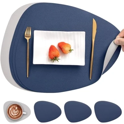 Image de Myir JUN Set De Table en Cuir et Dessous Verre, Antidérapant Double Face TableLavable Imperméables Verre Plastique (Bleu Gris)