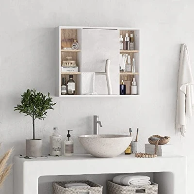 Image de HOMCOM Miroir de Salle Bain avec Placard et étagères 4 latérales + 2 intérieures MDF Panneaux Particules Blanc chêne Clair