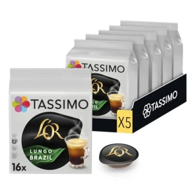 Image de TASSIMO, 80 Dosettes L&#039;OR Café Long Brésil, Compatibles avec les machines Cafés Longs 5 packs de 16 dosettes, 100% Arabica