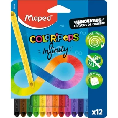 Image de Maped Crayons de Couleur Color&#039;Peps Infinity 100% Mine, Utilisable Zéro Déchet Sans Taillage Dure Très Longtemps Forme Triangulaire Ergonomique Pochette 12