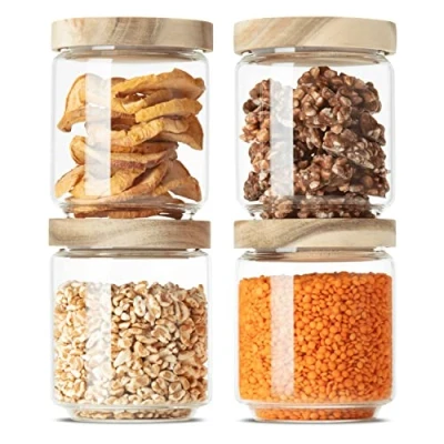 Image de Econovo® bocaux de conservation avec couvercles en bois (4 pièces) verre borosilicate, empilables et hermétiques, 500 ml