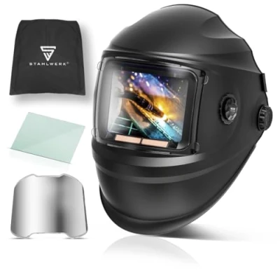 Image de STAHLWERK Masque de soudage Automatique 3 en 1 Booster Casque Soudeur avec True Colour, obscurcissement DIN 4 13, mémoire des tâches, Classe Optique 1/1/1/2,Champ Vision 116x81mm