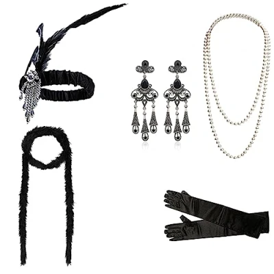 Image de DRESHOW 1920s Accessories Gatsby Costume Set Bandeau Flapper Accessoires Collier Gants pour Femmes