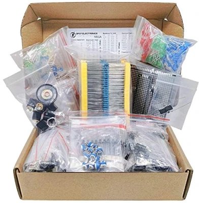 Image de Mega Electronic Component Kit Assortiment Condensateurs, Résistances, LED, Transistors, Diodes, 1n270 Germanium, DC Jacks, Opamp, PCB, Haut parleur, 1900 pcs