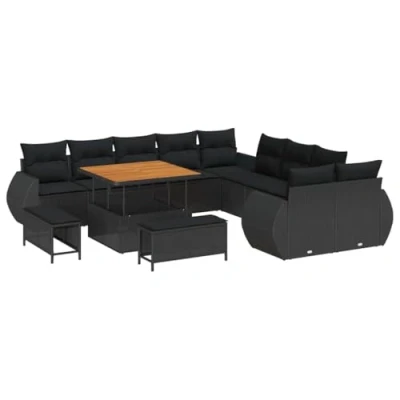 Image de Ensemble de canapé jardin vidaXL 13 pièces avec coussins Noir Rotin synthétique Acacia, repas 3 3363874