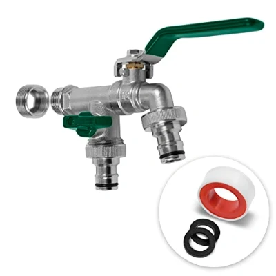 Image de YourCasa® Robinet exterieur jardin [1/2&quot; et 3/4&quot; pouce] cuve avec 2 raccords de tuyau Laiton Robine double sortie Résistant à la Rouille au Gel pour récupérateur Eau Pluie (vert)